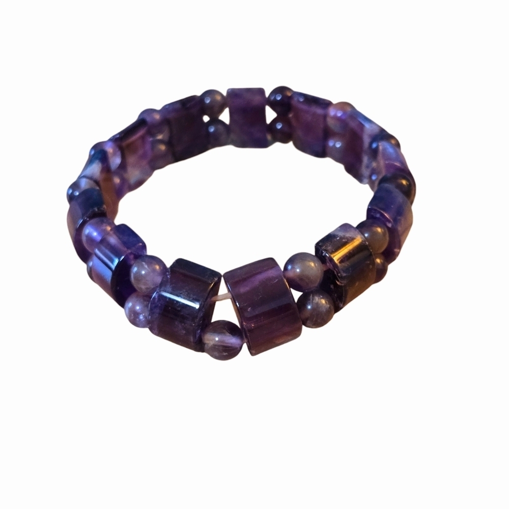 Amethyst Stretch Bracelet Beautiful Purple Stones 7" Rectangular & Round Shape - Picture 5 of 5